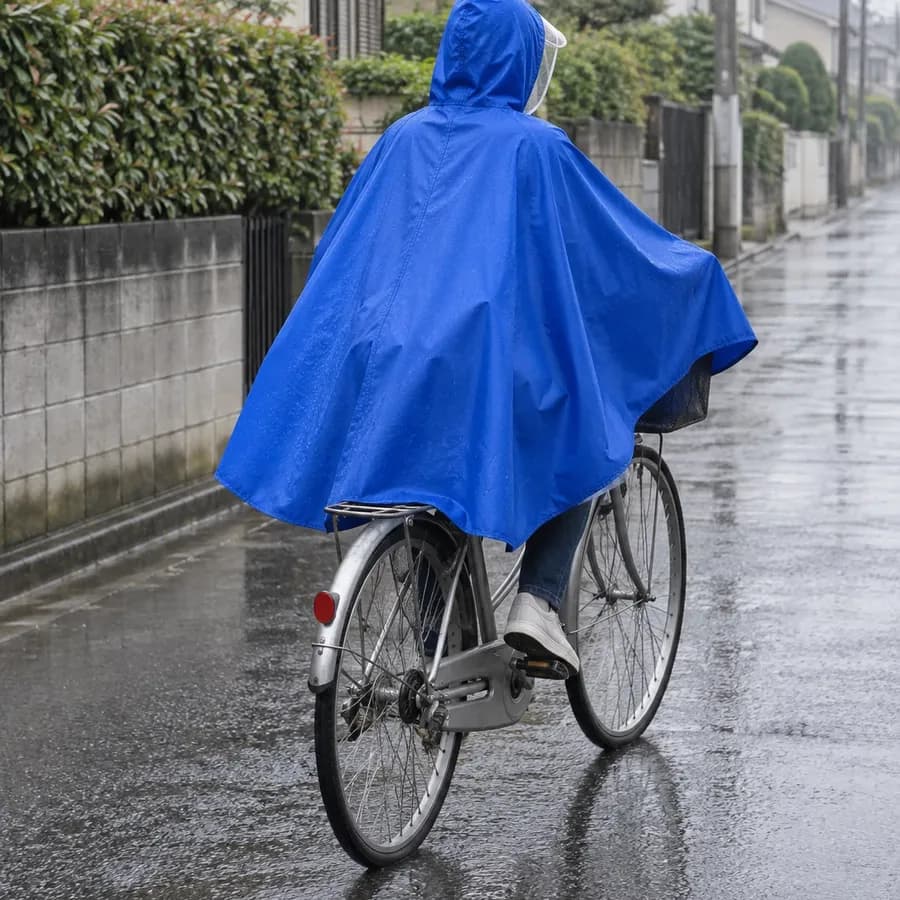 青いレインポンチョで雨の道を走る自転車の後ろ姿