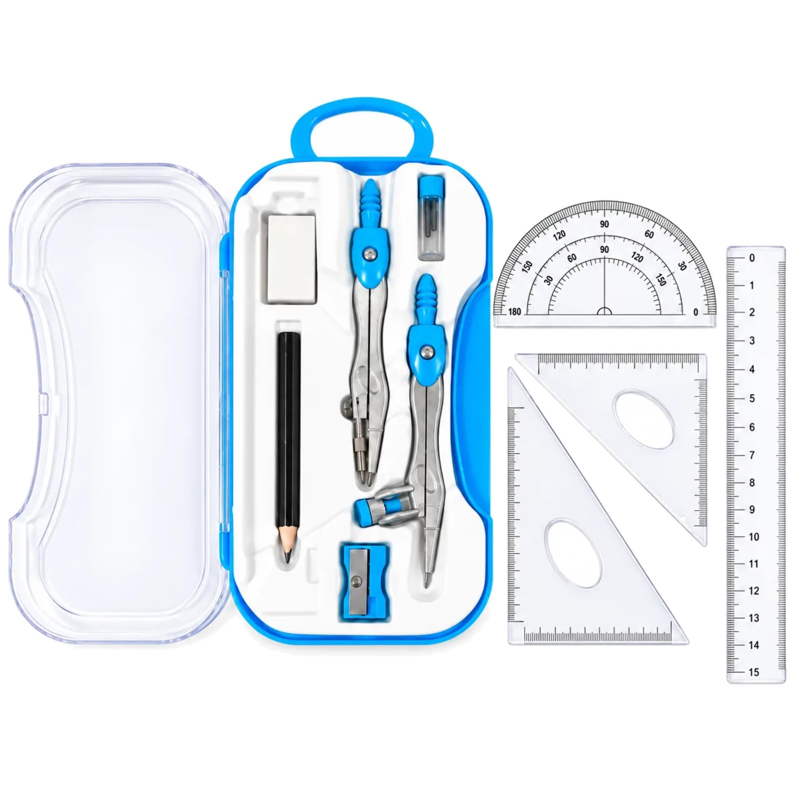 KTEBO コンパス 小学生 10点セット 分度器 三角定規 2枚 直定規15cm 鉛筆 消しゴム 替え芯 ワンプッシュ開閉ケース