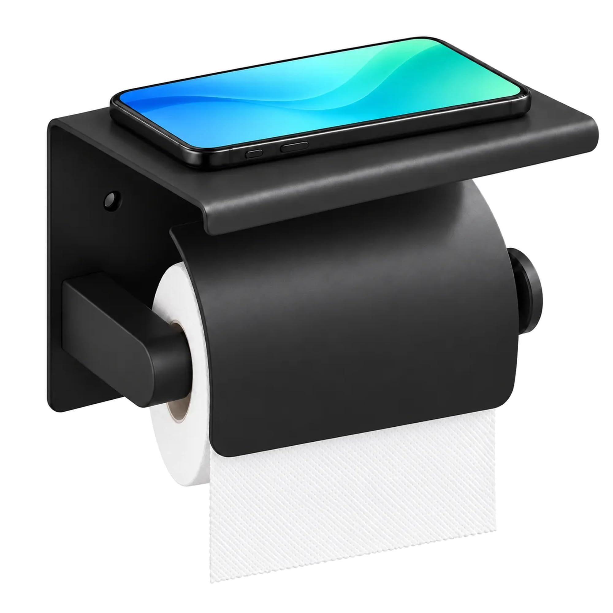 KTEBO トイレットペーパーホルダー 棚付き カバー付き スマホ置き 1連 ステンレス 穴あけ・粘着取付対応 マットブラック