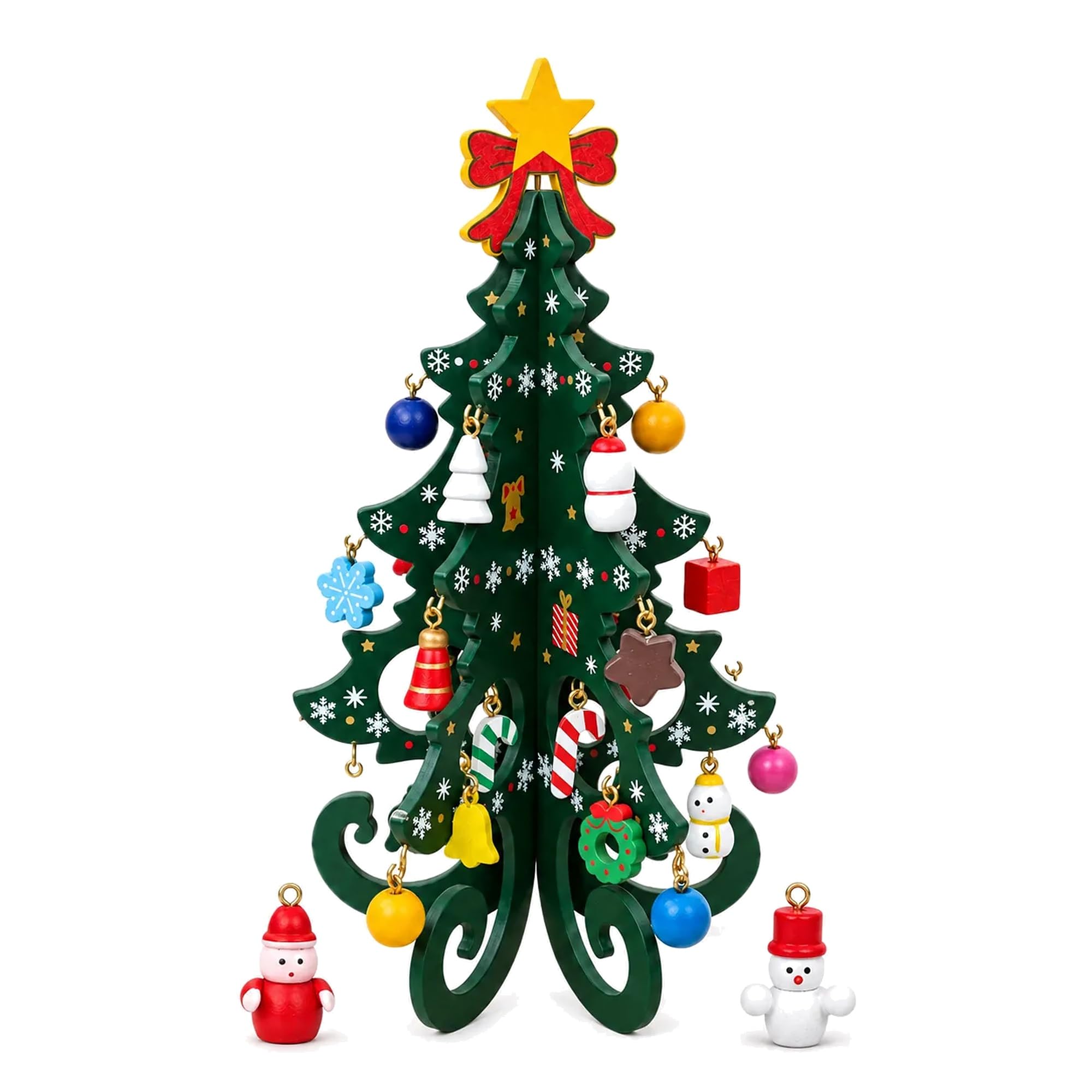 KTEBO クリスマスツリー 卓上 ミニ 木製 オーナメント付き 高さ約19cm 工具不要の組み立て式 置物 グリーン 北欧インテリア